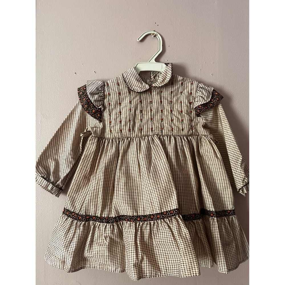 Polly Flinders Vintage Hand Smocked Plaid Dress Brown Tan Floral Fall Size T2